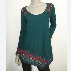 Johnny Was Teal Embroidered Scoop-Neck Tunic